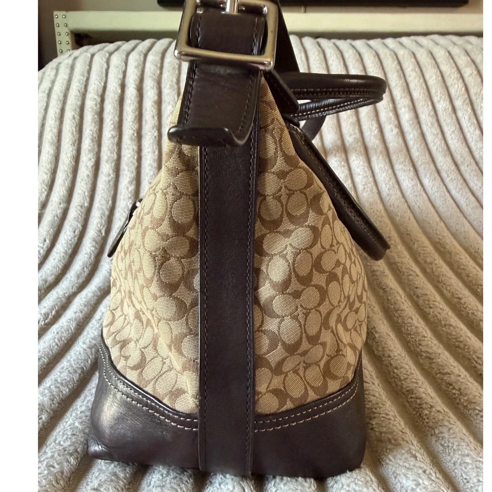 Coach Legacy Signature Stripe Satchel Khaki Mahogany Canvas Leather Handbag